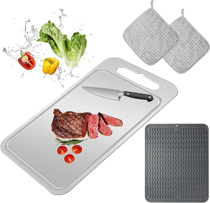 Titanium Cutting Board-Pure Titanium Cutting Boards For Kitchen,Double-Sided Metal Cutting Board with Juice Groove, Separates Meat and Vegetables, Dishwasher Safe (Pure White 14×10 Inch)