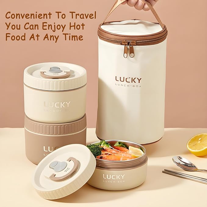 Stainless Steel Lunch Box, 3-Tier Insulated Bento Box Microwave Safe Soup Bowl for Adults, Thermal Food Container for Office Workers (Brown, 1pcs, 400ml)