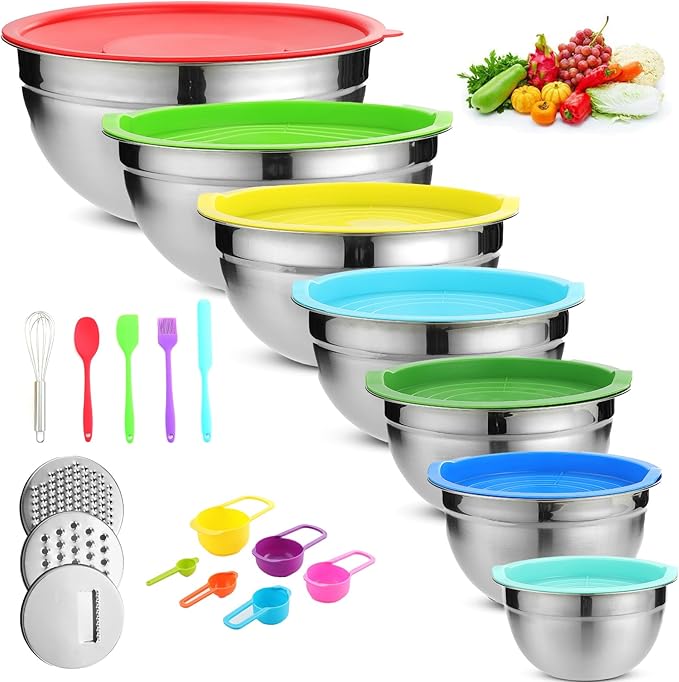 Mixing Bowls with Lids Set of 7PCS Stainless Steel Mixing Bowls, Mixing Bowl Set for Baking Cooking Food Prep & Non-Slip, Includes Measuring Cups Spoon brush whisk and other 11 Kitchen Tools