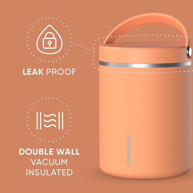 Hydrapeak 32oz Stainless Steel Vacuum Insulated Thermos Food Jar | Thermos for Hot Food and Cold Food, Wide Mouth Leak-Proof Soup Thermos for Adults, 10 Hours Hot and 16 Hrs Cold (Apricot Crush)