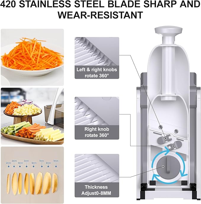 5 in 1 Safe Mandoline Slicer for Kitchen, Safe Vegetable Chopper with Paring Knife, Adjustable Thickness, Easy to Clean, Vegetable Slicer, Slicing, Strips, Shredding, Dicing, Chop (LightGray)