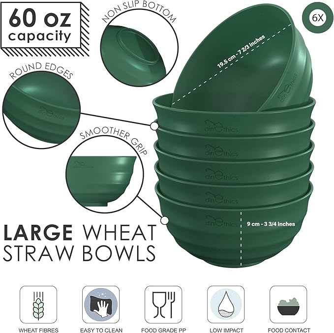 6 Wheat Straw Bowl 60 OZ - Deep Microwave Safe Bowls For Kitchen - Alternate To Large Plastic Salad Bowl Set Of 6 - PHO Bowls For Soup Cereal Salad Rice Pasta Popcorn Snack
