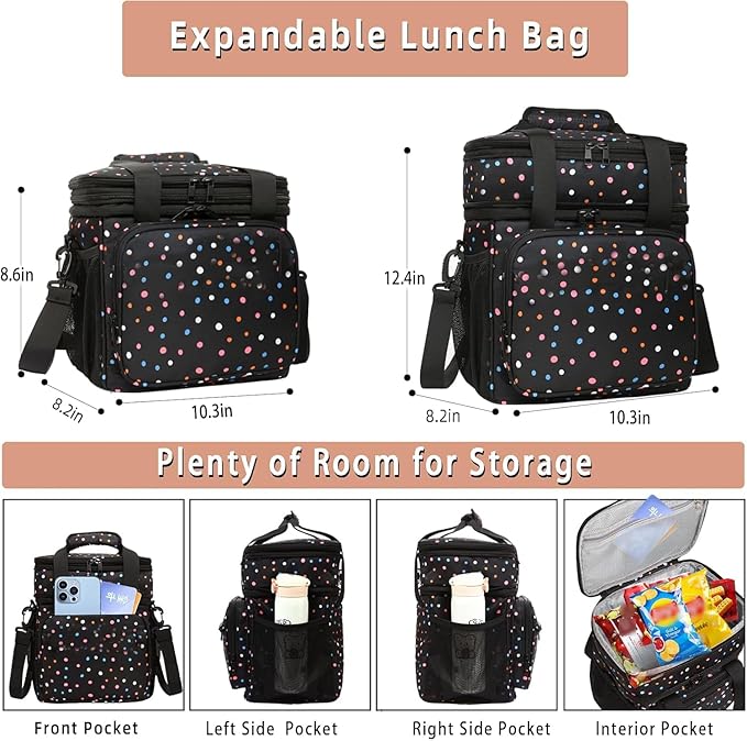 GLENKEY Expandable Insulated Lunch Box, Double Deck Lightweight Large Lunch Bag Tote Leakproof Cooler Bags for Women Adults Work Outdoor Picnic Daytrip, Polka Dots, 16L