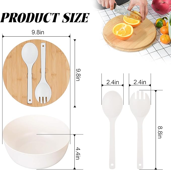 GEHE Bamboo Salad Bowl with Servers Set - Large 9.8 inches mixing bowls Solid Bamboo Salad Wooden Bowl with Bamboo Lid Spoon for Fruits,Salads and Decoration (White, 9.8INCH)