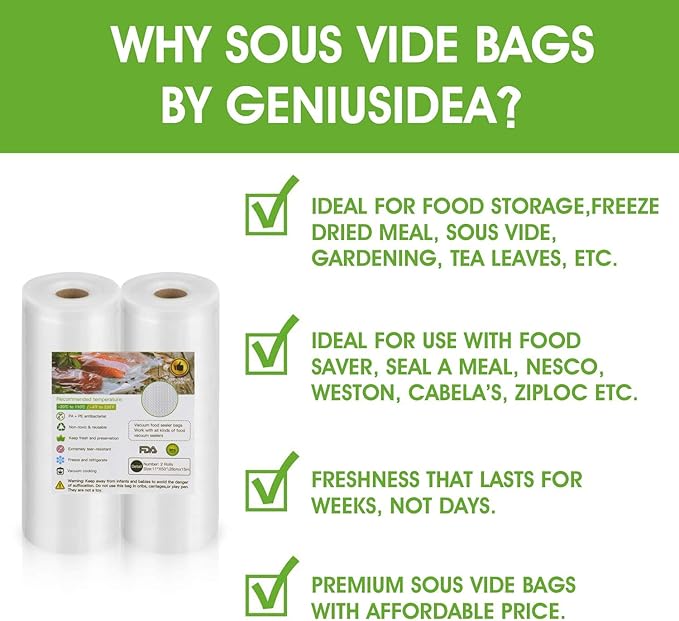 Geniusidea 11" x 50' 2 Rolls Vacuum Sealer Bags for Food Saver (100ft) Seal a Meal Commercial Grade Bags BPA Free Heavy Duty Great for Vac Storage Meal Prep or Sous Vide, White