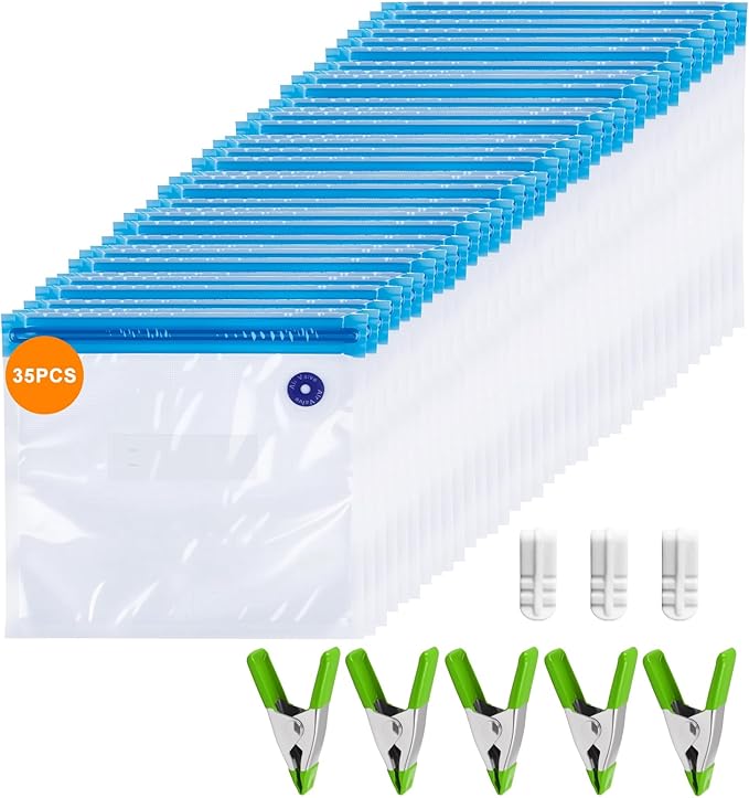 Reusable Sous Vide Bags 43Pcs BPA-Free, 4.3L Vacuum Sealer Bags for Cooking & Microwave, 35 Zipper Bags, 3 Seal Clips & 5 Cooking Clips, Heat-Resistant & Leakproof (12x13.5in)