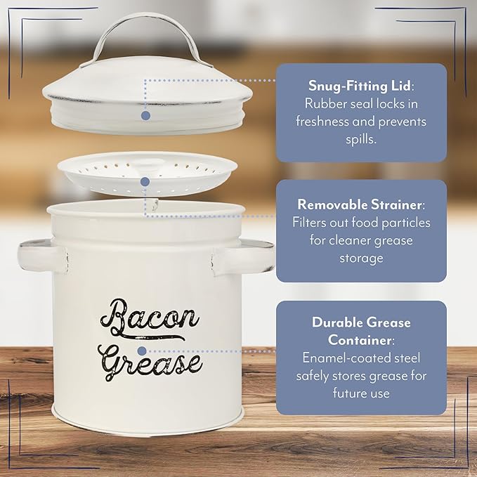 AuldHome Design Grease Container, White Enamelware Bacon Grease Can w/Strainer, Farmhouse Style, Keto-Friendly