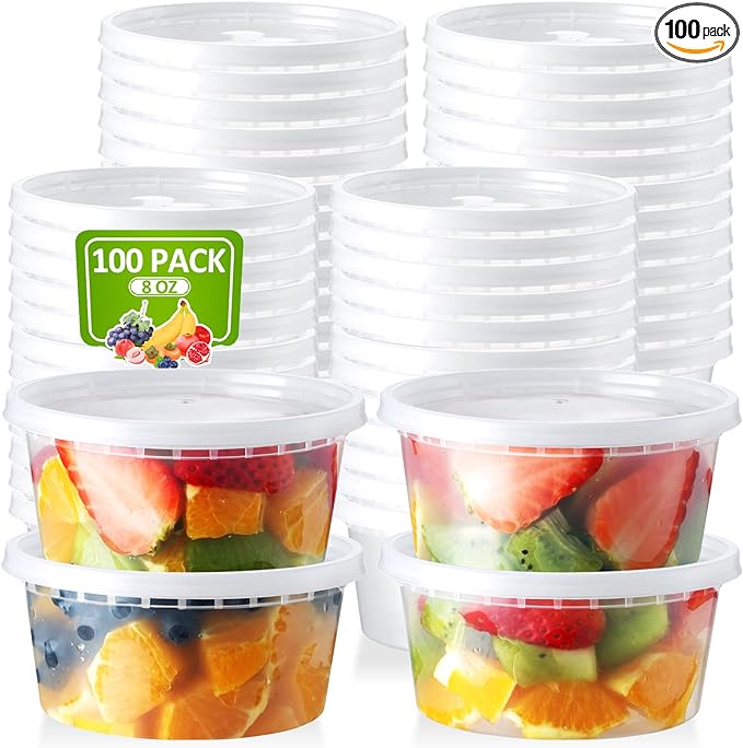 100 Set 8 oz Deli-Containers-with-Lids-Airtight-Plastic-Food-Storage-Containers-with-Lids-Soup-Slime-Overnight-Oat-To-Go-Containers