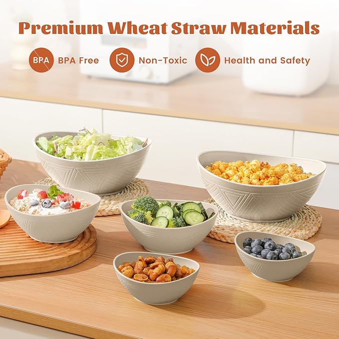 Homienly Wheat Straw Mixing Bowls, Bowls for Kitchen Set of 6, Premium Wheat Straw Mixing Bowls Set Includes 3 Size, Unbreakable Mulit Size Bowls for Salad,Serving,Cereal,Dinner,Fruit,Dessert (Beige)