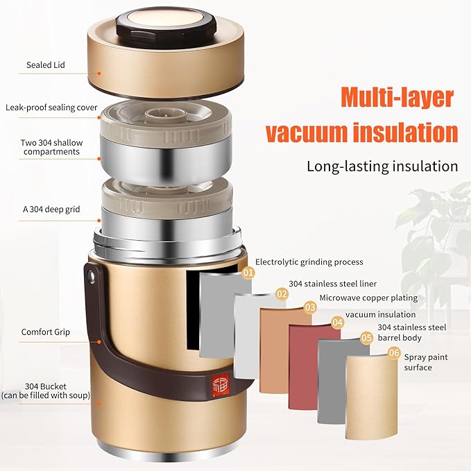67 Oz Adults Stainless Steel Vacuum Soup Thermos For Hot Food with Inserts Stackable Bento Box and Lunch Bag,Width Mouth Portable Nsulated Food Jar Lunch Container (golden, 67 oz)