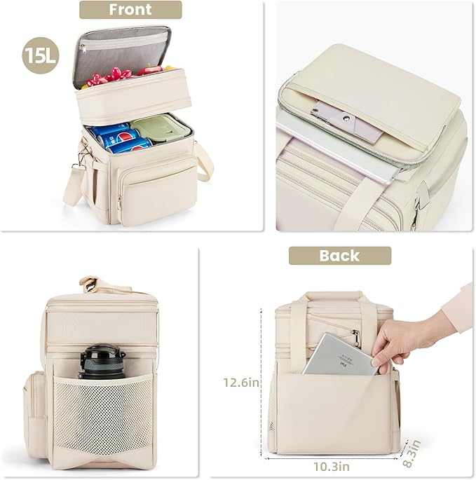 Insulated Lunch Bag & Lunch Box for Women - Double Deck Reusable Lunch Bag for Men Tote Cooler Bag Leakproof Soft Expandable - Large Lunchbox for Work/Adult/Picnic/Outdoor (Cream,15L)