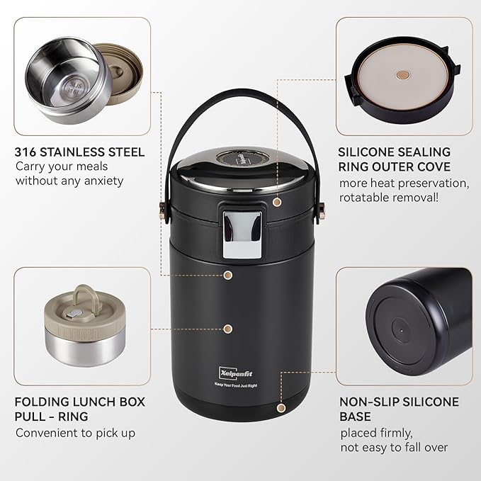 78 oz Thermos for Hot Food,3-Layer Sealed Stackable Food Thermos,with Lunch Bag Soup Thermos,It Is Suitable for Daily Office Meals,and Outdoor Meals (Black)