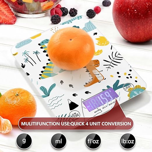Food Scale Kitchen Digital Scale Food Ounces and Grams Dieting Baking Cooking Waterproof Glass Panels LCD Display,4 Units Scale Tare Function Cute Dinosaur