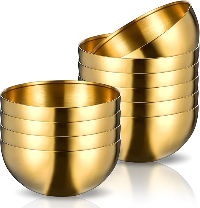 10Pcs Gold Mixing Bowls, Stainless Steel Gold Esthetician Bowls, 5.9Inch Dessert Serving Facial Bowl for Wedding Party Baking Prepping Serving Food Facial Salad Fruit Snack Soup Cereal