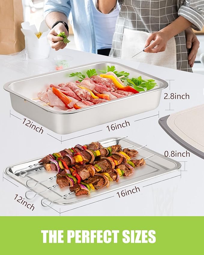 Grill Prep Trays Set Of 5,BBQ Tray,Grilling Prep And Serve Trays,Stainless Steel Grill Platter,Include Deep Grilling Platter,Shallow BBQ Serving Tray,2 Marinade Container With Lids,Cutting Board