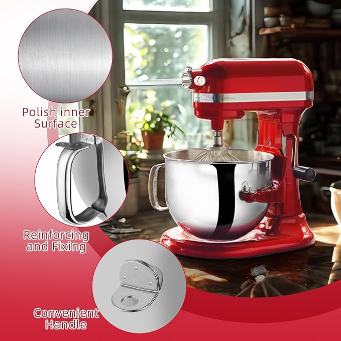 6 QT Stainless Steel Mixer Bowl Compatible With KitchenAid Lift-Bowl Stand Mixers, Large Kitchen Aid Bowls for Mixer with Ergonomic Handle