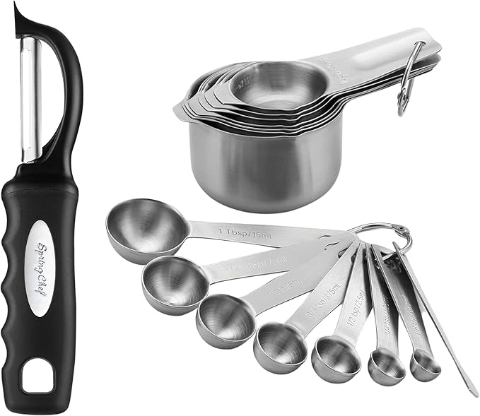 Spring Chef Premium Swivel Vegetable Peeler, Black & Stainless Steel Measuring Cups and Spoons Set, Round, Set of 15-2 Product Bundle