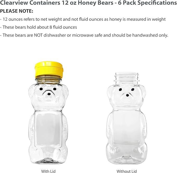 6 Pack of 12 Ounce Clear Honey Bears with Sealable Yellow Flip Top Lids (12 oz. Clear Bear, 6pk, Yellow)