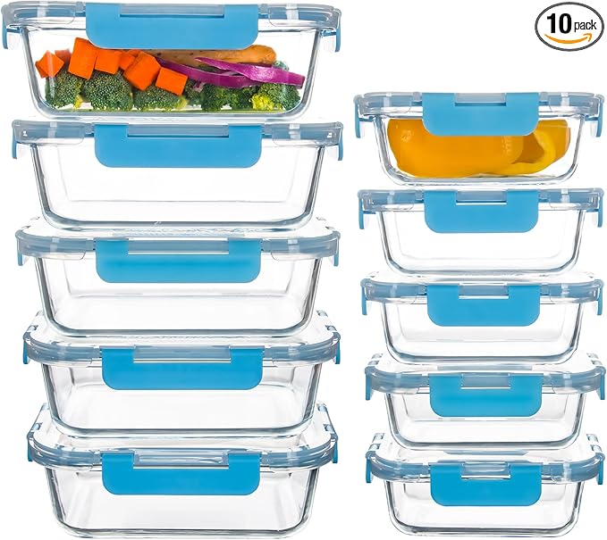10 Pack Glass Food Storage Containers with Airtight Lids, Ideal for Meal Prep, Lunches - Microwave and Dishwasher Safe, Blue
