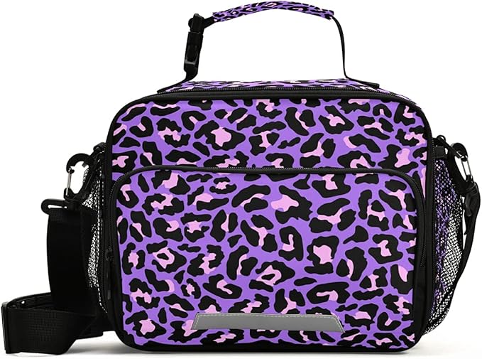 MNSRUU Student Lunch Bag Neon Purple And Pink Leopard Insulated Lunch Totes Picnic Bag Lunch Box with Adjustable Shoulder Strap for Teen Kids Adults