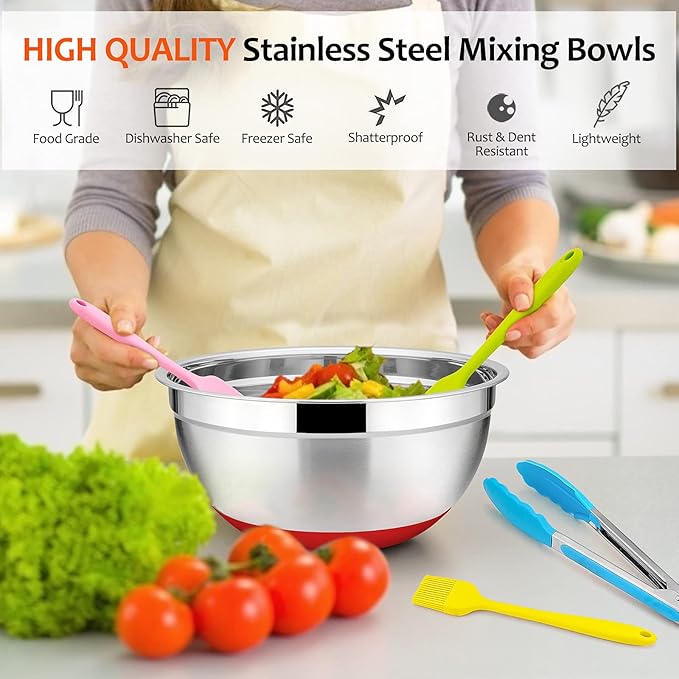 22-Piece Mixing Bowls with Lids & Accessories Set, E-far Stainless Steel Nesting Bowls with Colorful Covers & Non-Slip Bottoms, Metal Bowls for Cooking/Baking/Serving/Storage - Size 7/3.5/2.5/1.5/1 QT