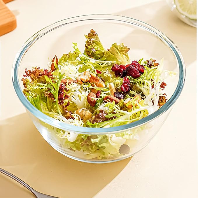 2 Pack Deep Mixing Bowls Glass Salad Bowl Round Glass Serving Bowls for Cooking Baking Prepping Dishwasher & Microwave & Oven Safe (1.1L)