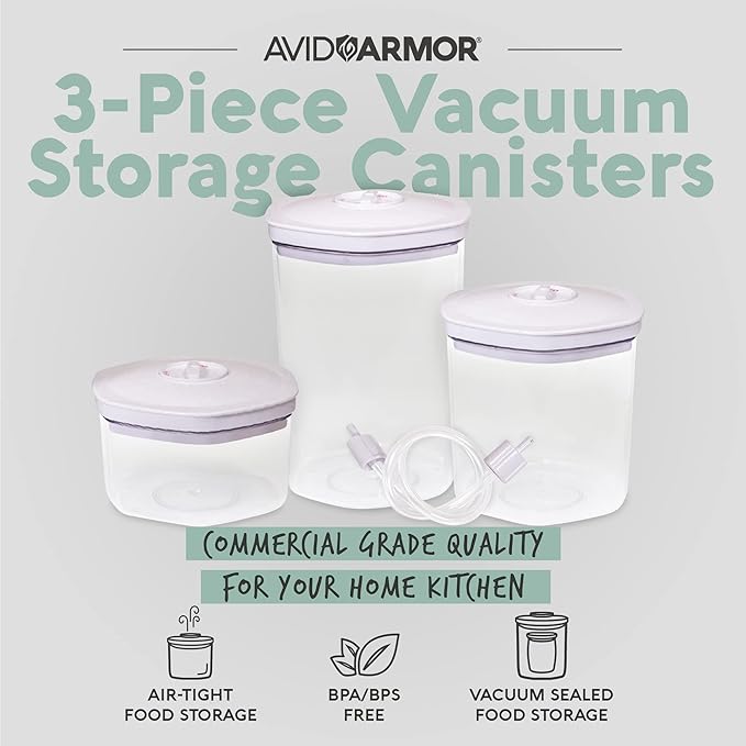 Avid Armor 3 Piece Vacuum Food Container Set for Home Kitchen with Accessory Hose in 2L, 1.4L, and 0.7L Sizes BPA Free