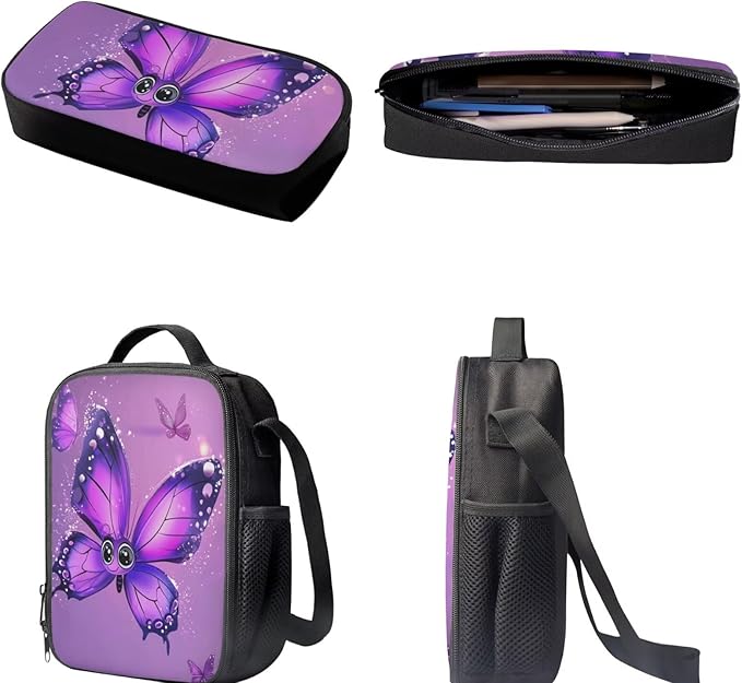 Dolyues Cartoon Butterfly Girls Backpack Combo: 17 Inch Bookbag with Ergonomic Straps, Matching Lunch Bag & Sparkling Pencil Case - Ideal Gifts for School Girls