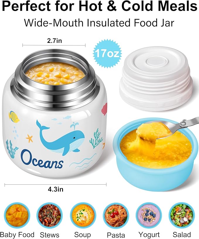 KTKUDY 17 oz Thermo for Hot Food - Stainless Steel Insulated Food Jar with Folding Spoon - Wide Mouth Soup Thermos for Kids & Adults - Thermal Lunch Container - Keeps Hot 12H / Cold 20H