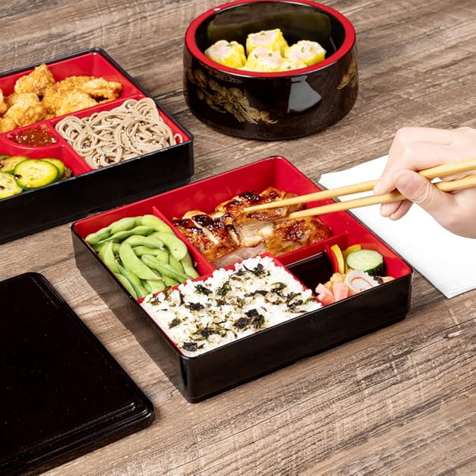 Restaurantware-8.3 x 2.2 Inch Compartment Lunch Container, 1 Japanese Style Adult Lunch Container - With 5 Compartments, Greaseproof, Black & Red Plastic Divided Lunch Box, For Hot & Cold Food