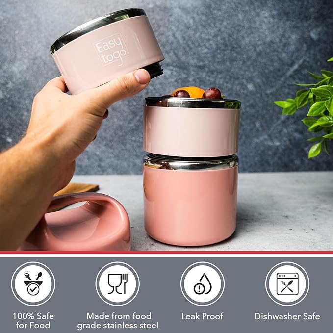 3 Tier Lunch Box 43Oz-Pink Stainless Steel Stackable Lunch Box with Lunch Bag & Cutlery Set, Portable Lunchbox, Portion Control Meal Prep Togo Lunch Containers for Adults, Women, Men