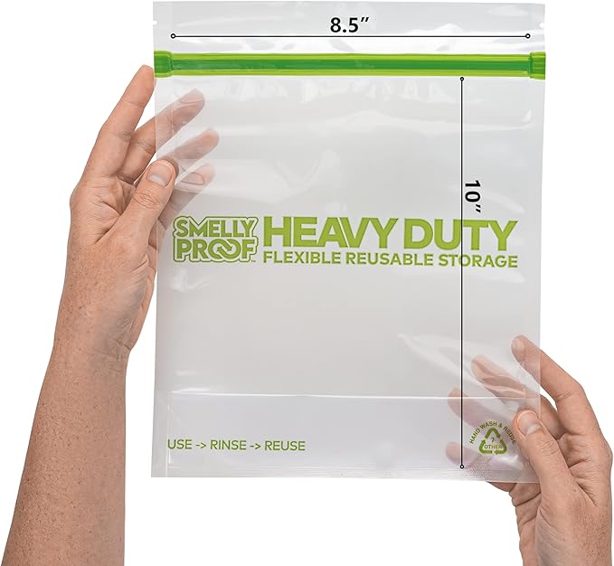Smelly Proof HEAVY DUTY Reusable STAND-UP Ziplock Bags for Food Storage, USA Made, NO PEVA & BPA FREE, Reusable Freezer Bags, Dishwasher-Safe, Triple Zip, CLEAR 5-mils LRG Quart 8.5" x 10" - 5pk