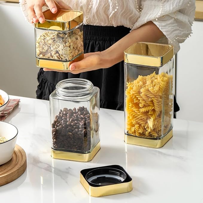 Glass Storage Jars-Large Kitchen Glass Canisters with Airtight Lids -Coffee Pasta Sugar Tea Snack Nuts Cookie Flour Food Container - Set of 3…