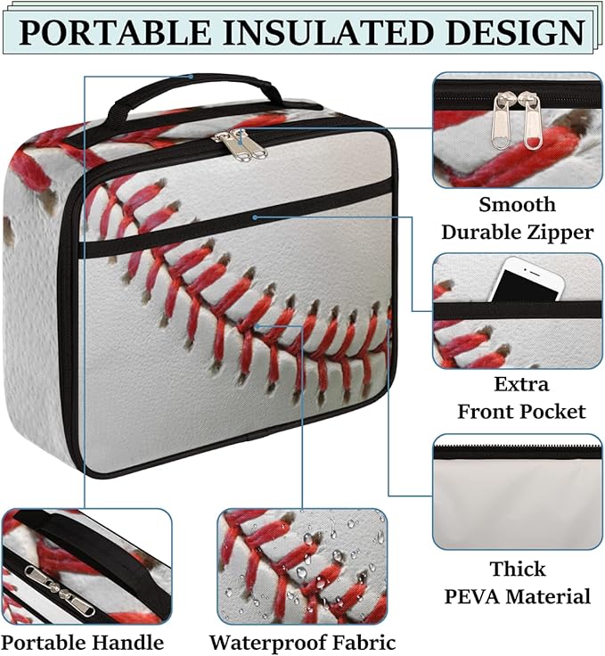 Baseball Print Insulated Lunch Box for Boys Girls Adult Sport Reusable Back to School Insulated Lunch Bag, Leakproof Meal Prep Tote Kit Cooler Bag Lunch Tote Bag for Work Beach Outdoor