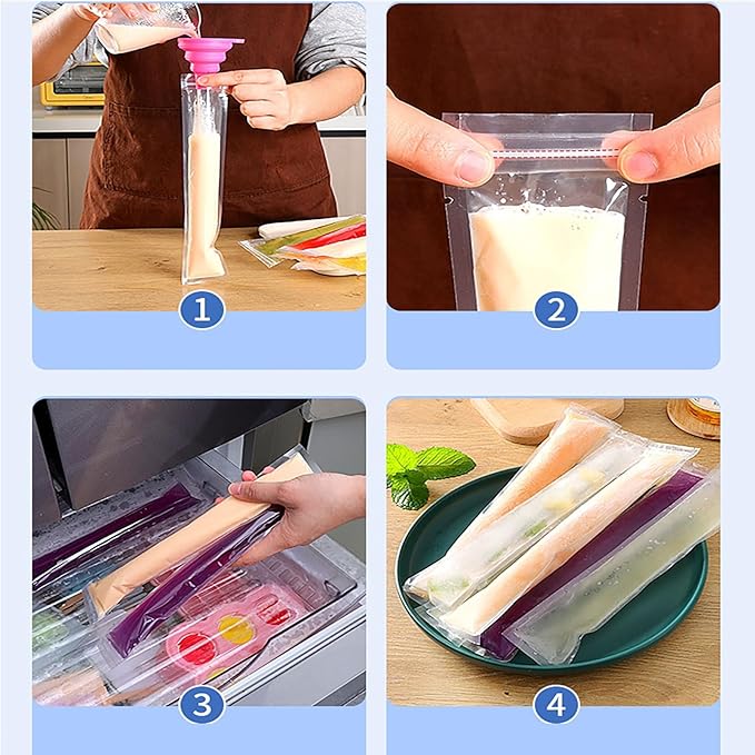 100PCS Disposable Popsicle Moulding Bags (50pcs 2.16in x 11in and 50pcs 2.36in x 8.7in Popsicle Moulding Bags) With Silicone Funnel for Yogurt Sticks, Juice and Fruit Smoothies and Ice Candy Pops