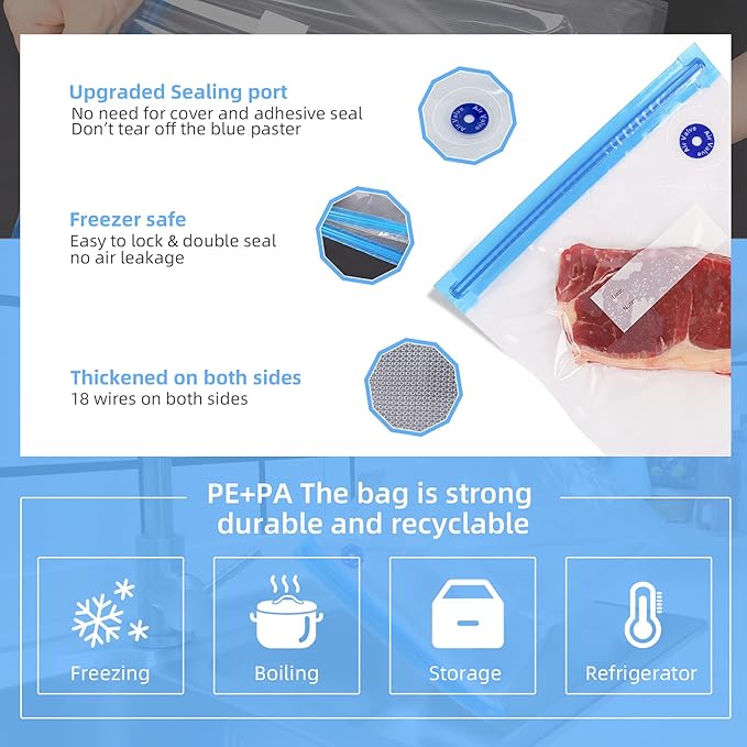 Sous Vide Bags, 20 PCS Reusable Vacuum Sealer Bags for Food Storage & Sous Vide Cooking, 2 Sizes Food Vacuum Zipper Bags BPA Free with 6 Sealing Clips