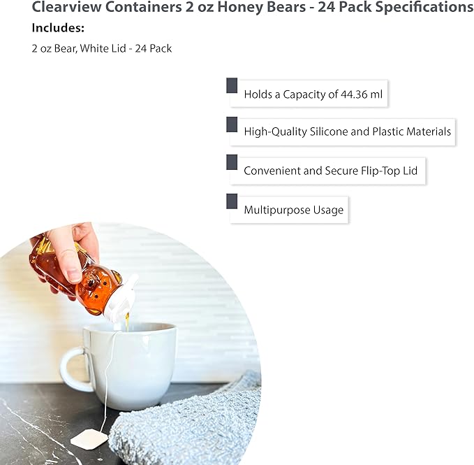 2 Ounce Honey Bears with Sealable White Screw Top Lid - 24 Pack (2 oz. Bear, 24pk, White)
