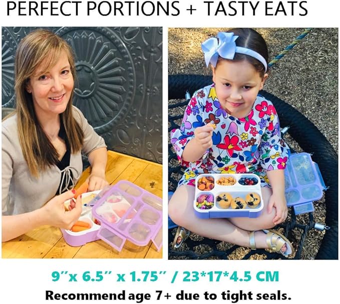 kinsho Bento Box for Kids Women - 6 Compartment, Leak-Proof Lunchbox for School, Portion Control & Meal Prep Containers, Reusable, BPA-Free Snack Container - Includes Utensil Set & E-Book, Purple