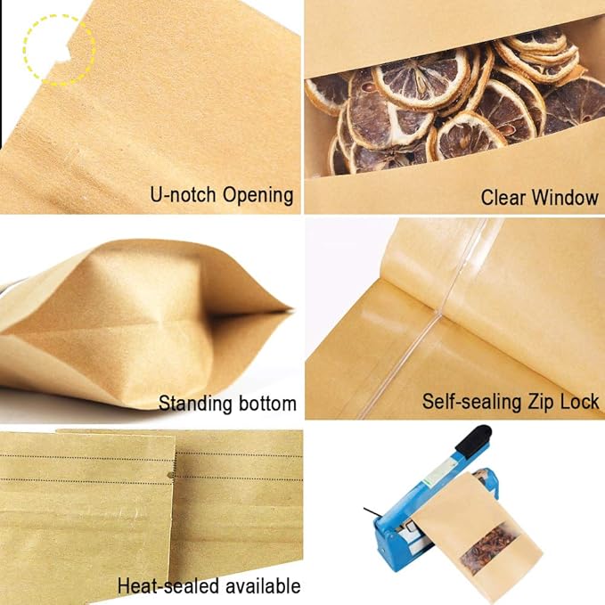 100 Pcs Resealable Stand Up kraft Paper Bags with Window for Packaging Products, Reusable Zip Lock Food Storage Pouch Bags (6.7" x 9.4")
