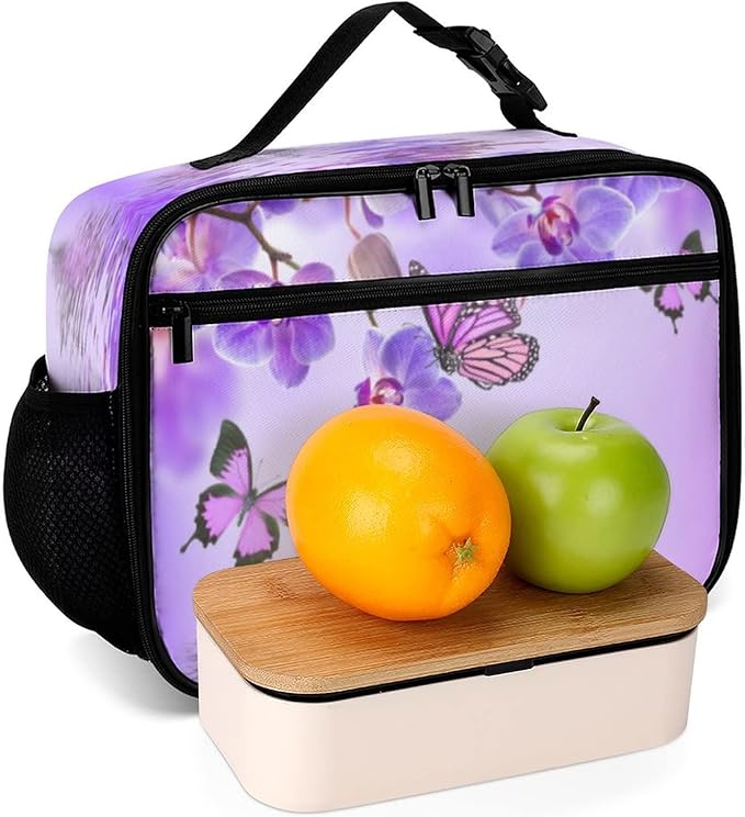 Orchids Butterfly Reusable Lunch Box Insulated Lunch Bag Cooler Bag Lunchbox Meal Food Container Tote Bag for Women Kids Girls School Camping Hiking Picnic Beach Travel