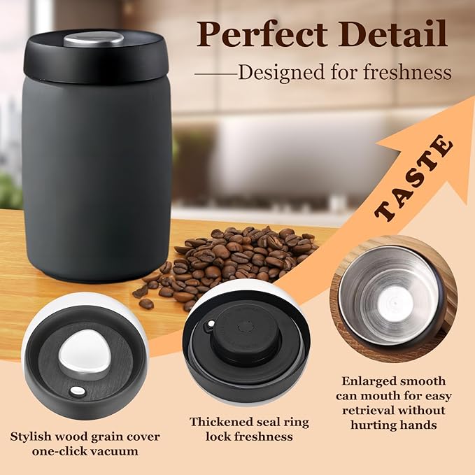 Coffee Vacuum Canister | 16oz Coffee Bean Storage | Stainless Steel Airtight Food Storage Container | Press Out Excess Air Preserve Food Freshness | Perfect for Coffee Beans,Loose Tea, Grey