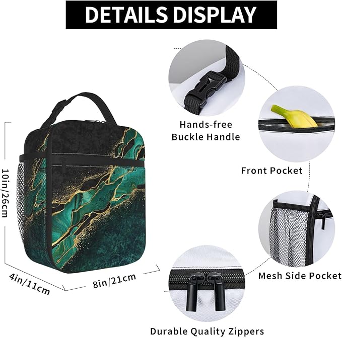 YETTA YANG Marble Black Green Gold Portable Lunch Bag Insulated Lunch Box Reusable Totes For Women Men Work Picnic Camping