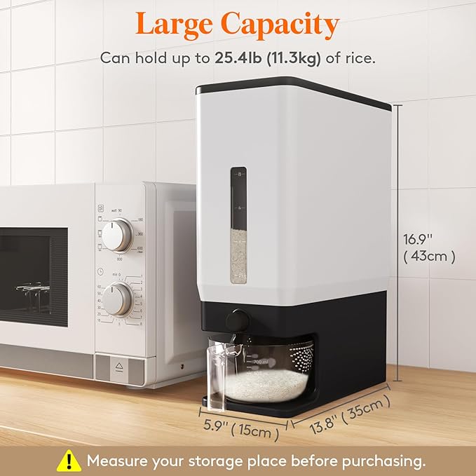 Lifewit Rice Dispenser 25 Lbs(11.3kg), Rice Storage Container Sealed Moisture Proof with Measuring Cup for Kitchen Pantry Household, BPA-Free, Black