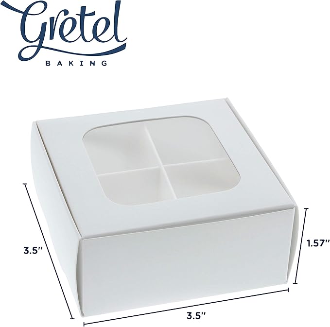 Treat boxes with window and dividers | 4 X-SMALL compartments | 3.5 x 3.5 x 1.57 in | Empty candy boxes for gift giving, truffle box - perfect for Valentine's Day | 20-pack (White)