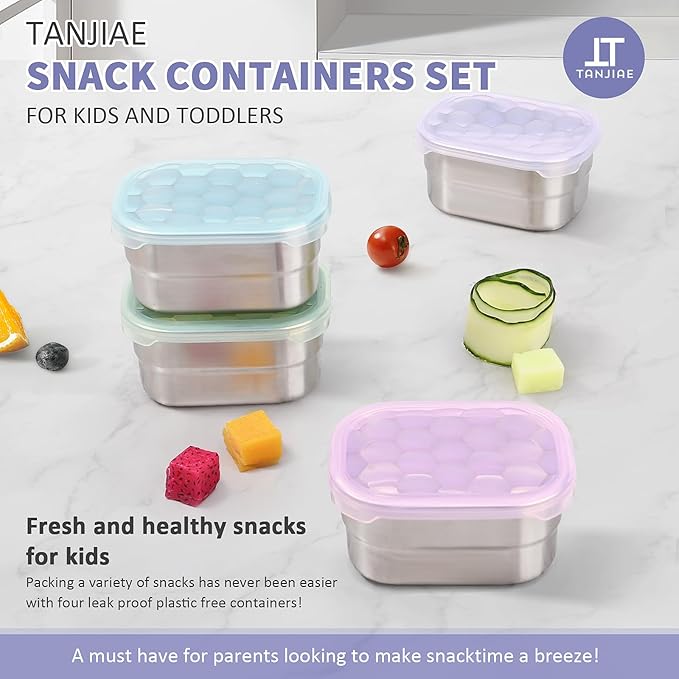 Small (1 CUP) Stainless Steel Snack Containers for Kids and Toddlers | Easy Open Leak Proof Food Containers with Silicone Lids - Perfect Metal Lunch Box for Daycare and School (8oz, Set of 4)