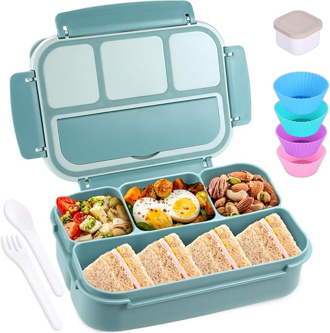 Bento Box Adult Lunch Box, Lunch Containers for Kids Girls Boys with 4 Compartments, Lunchable Food Container with Utensils, Sauce Jar, Muffin Liners, 40 Oz/5 Cup, Light Teal