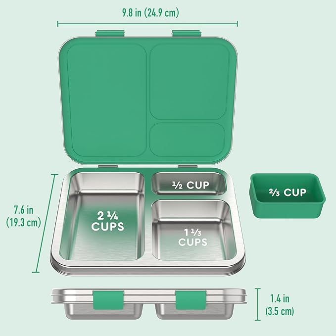 Bentgo Kids Stainless Steel Leak-Resistant Lunch Box - 3-Compartments with Bonus Silicone Container, Durable, Eco-Friendly, Dishwasher Safe, BPA-Free, Ideal for School, Ages 3+ (Green)