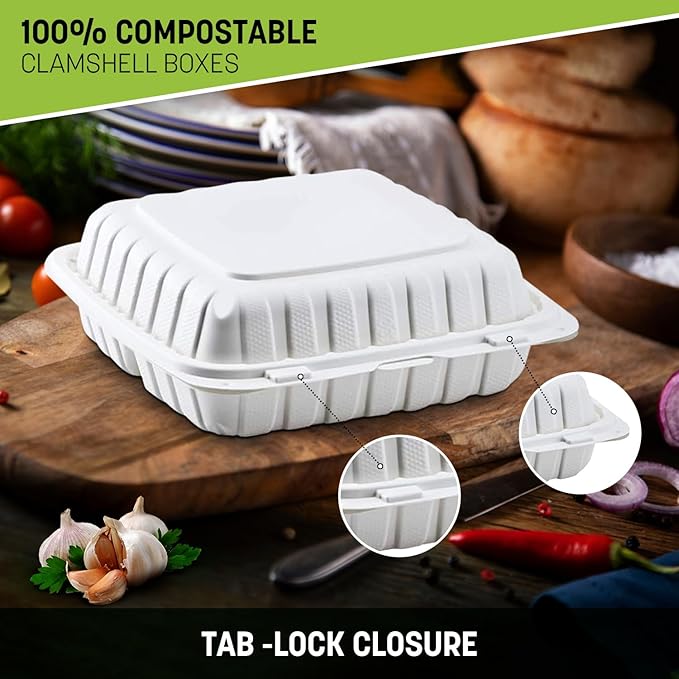 8X8X3 3-Compartment 50 Pcs Plastic Clamshell Takeout Food Trays Heavy Duty Disposable Box For Pasta Salad Sandwich Meal Prep Packaging Catering Hinged Containers With Secure Snap Lid