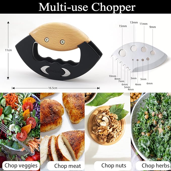 Mezzaluna Salad Chopper Tools with Protective Cover, Super Sharp Handheld Double Blade Chopping Knife, Stainless Steel Rocker Knife for Salad, Vegetable Mincing