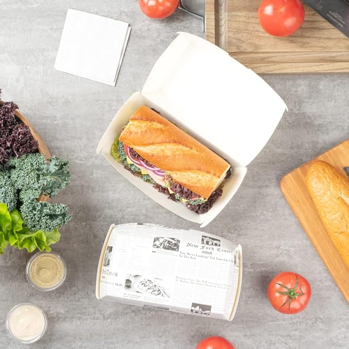Restaurantware Bio Tek 6.7 x 3.5 x 3.5 Inch Clamshell Food Containers 100 Disposable Sandwich Containers - Hinged Lid Tab-Lock Closure Newsprint Paper Hot Dog Containers Recyclable Greaseproof